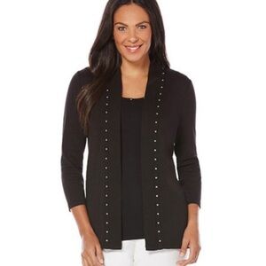 Ruby RD woman’s black viscose cotton blend Cartigan open embellished trim sz M